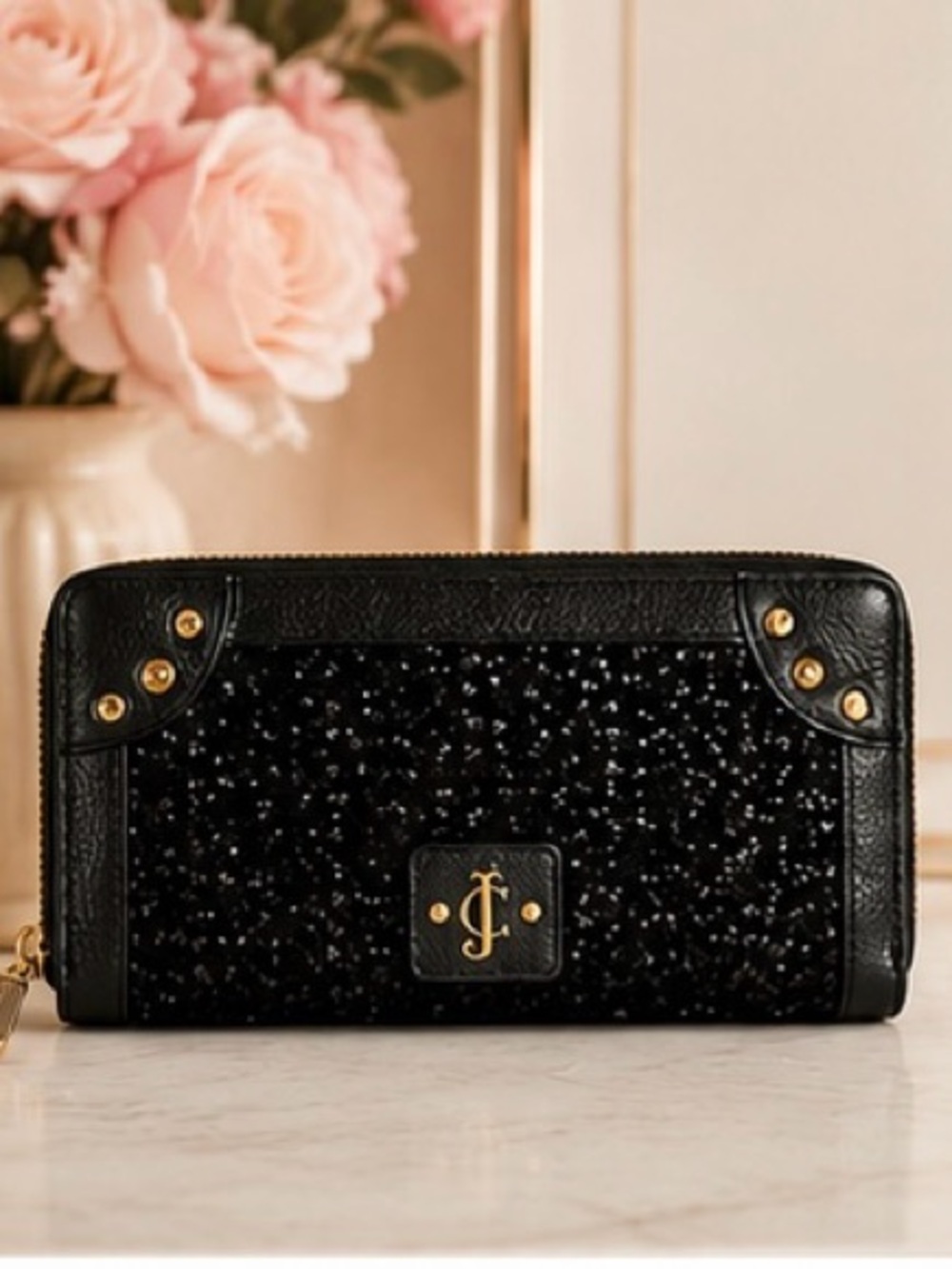 Juicy Couture Black Sequin Continental
Zip Around Wallet Pink Interior NWT